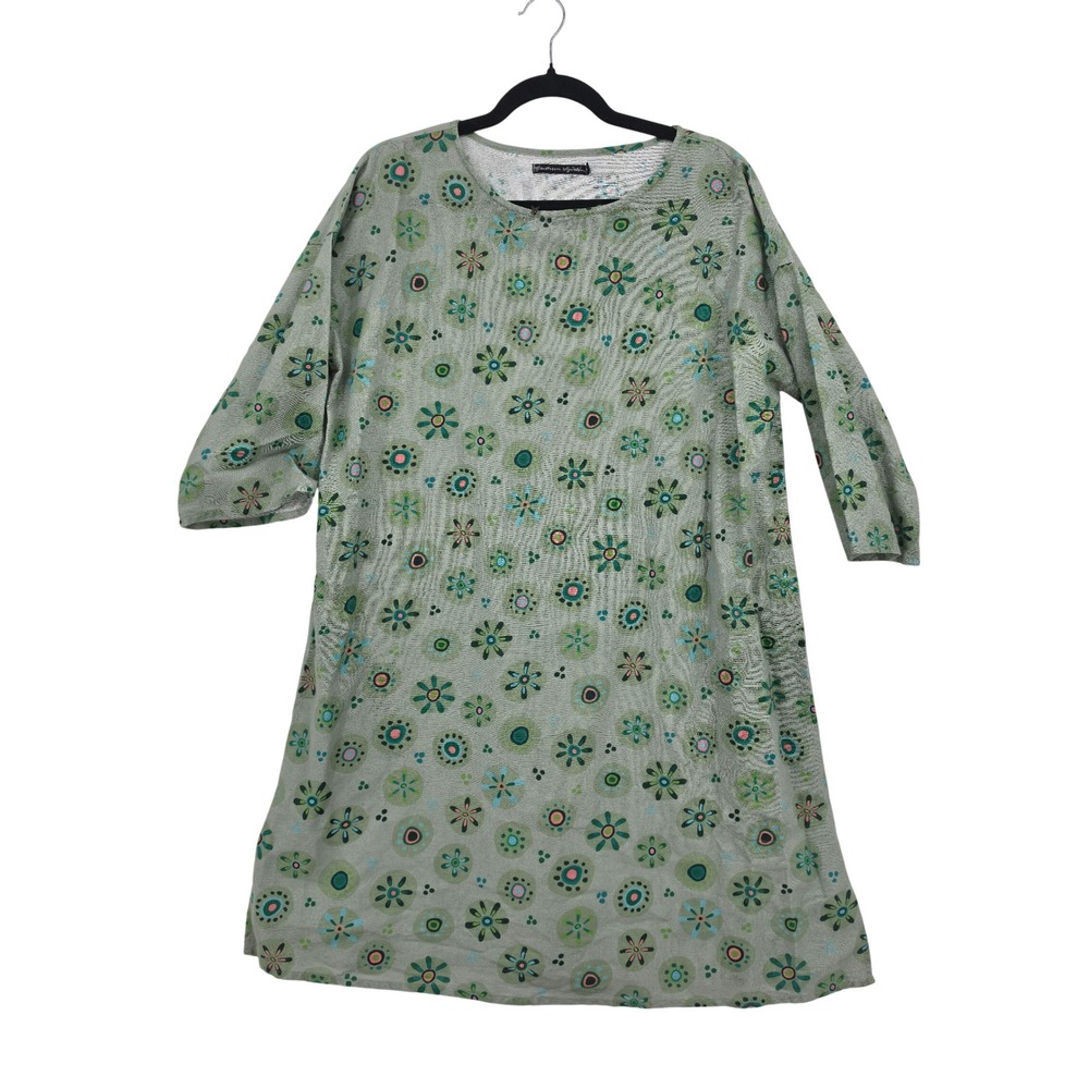 Gudrun Sjoden Green Floral Linen Tunic Dress Womens Medium Artsy Lagenlook Color